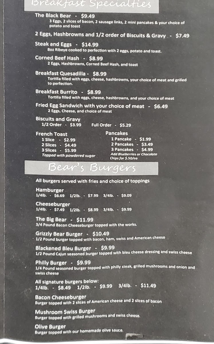 Menu Bear’S 105 Diner-9